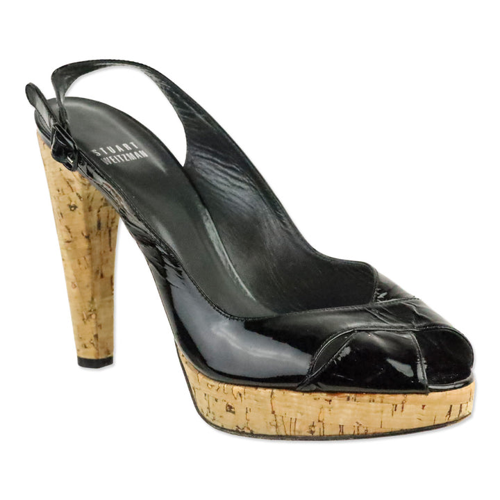 Stuart Weitzman Black Patent Leather Peep Toe Slingback Cork Platform Pump