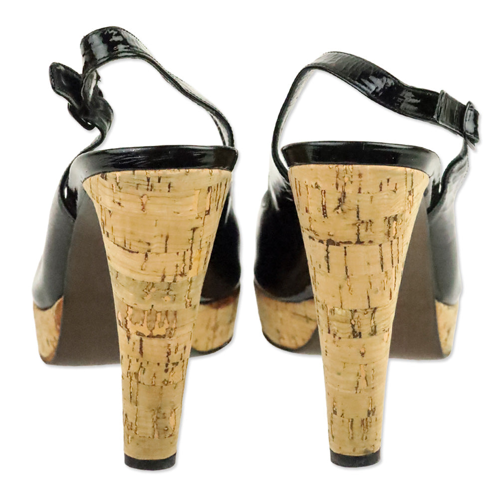 Stuart Weitzman Black Patent Leather Peep Toe Slingback Cork Platform Pump