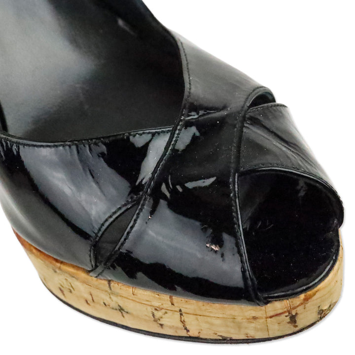 Stuart Weitzman Black Patent Leather Peep Toe Slingback Cork Platform Pump