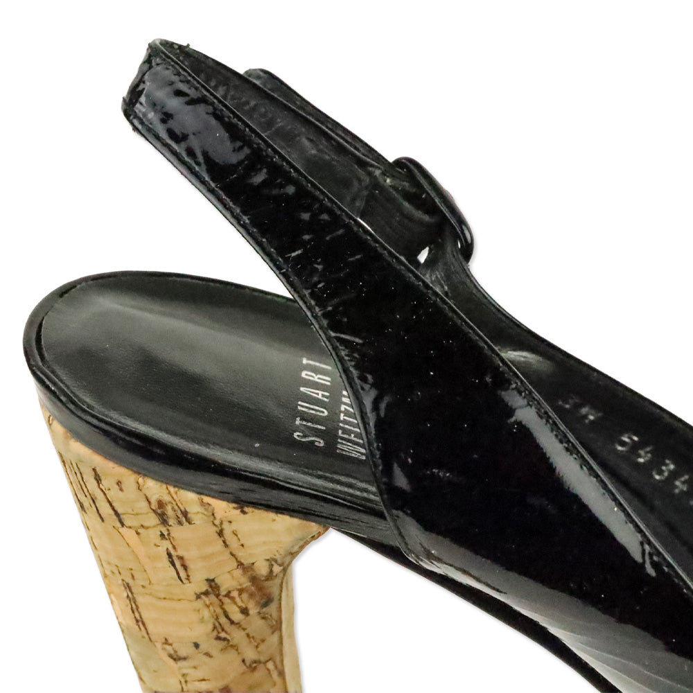 Stuart Weitzman Black Patent Leather Peep Toe Slingback Cork Platform Pump