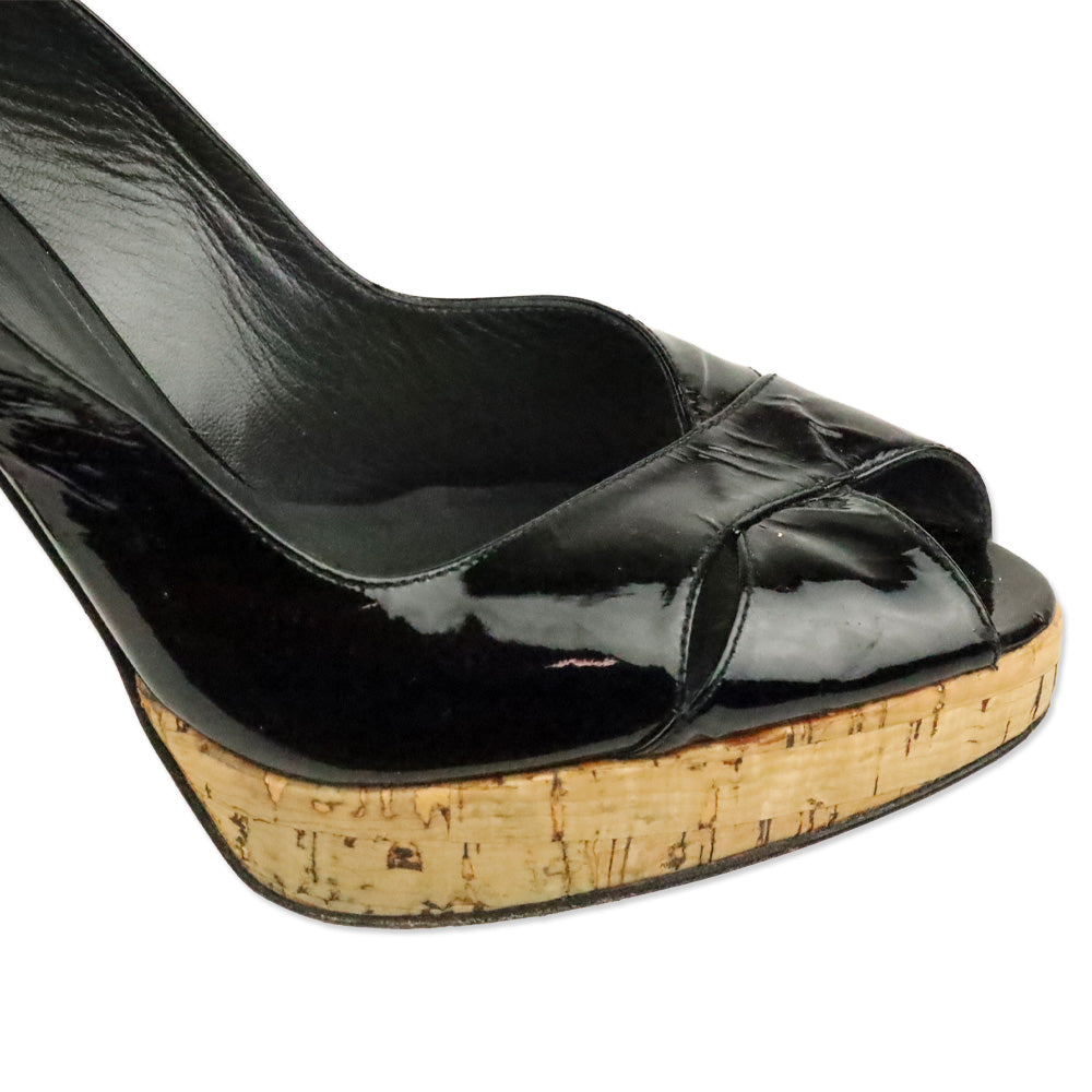 Stuart Weitzman Black Patent Leather Peep Toe Slingback Cork Platform Pump