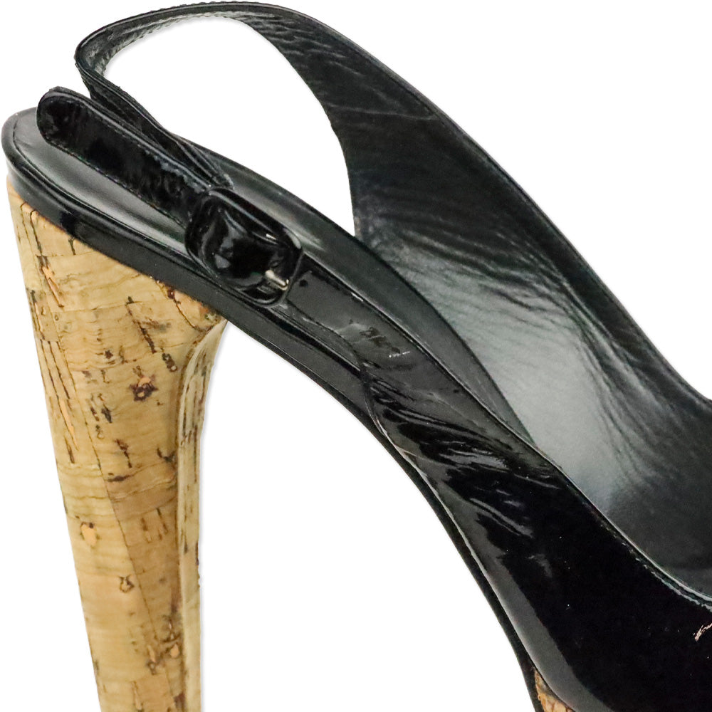 Stuart Weitzman Black Patent Leather Peep Toe Slingback Cork Platform Pump