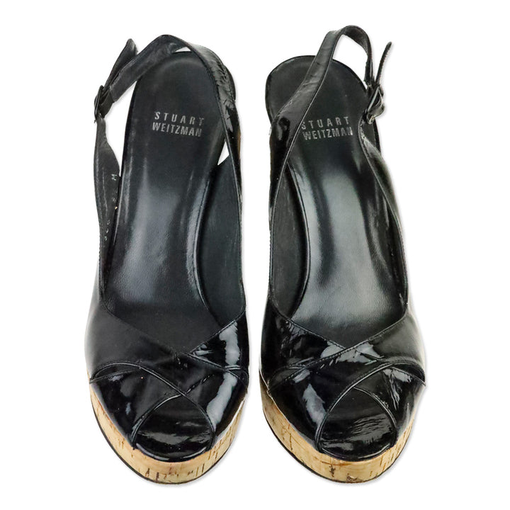 Stuart Weitzman Black Patent Leather Peep Toe Slingback Cork Platform Pump