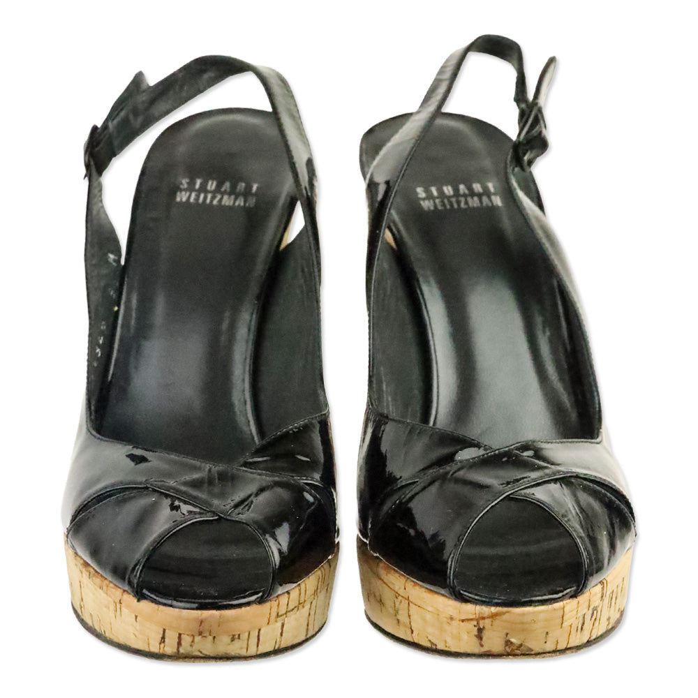 Stuart Weitzman Black Patent Leather Peep Toe Slingback Cork Platform Pump