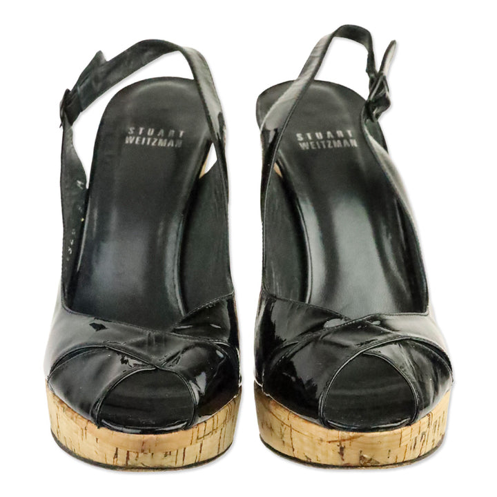 Stuart Weitzman Black Patent Leather Peep Toe Slingback Cork Platform Pump