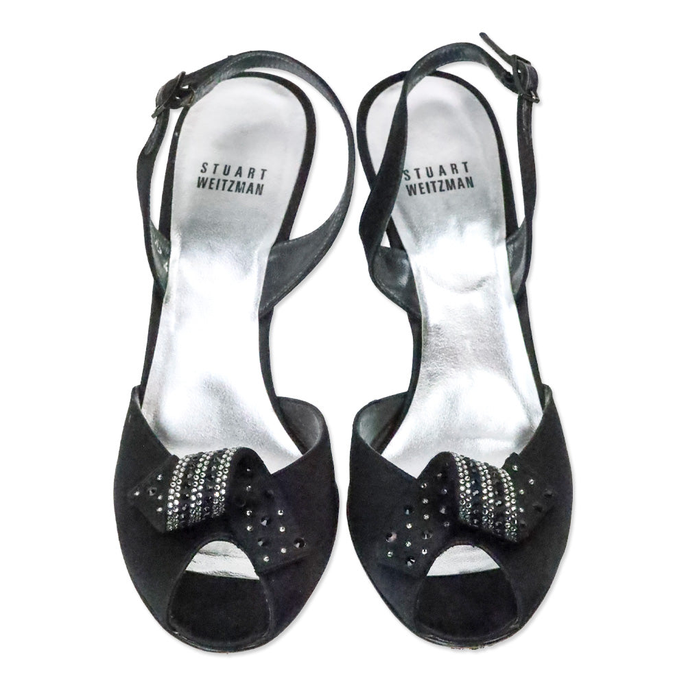 Stuart Weitzman Black Satin Curlique Rhinestone Slingback Pump