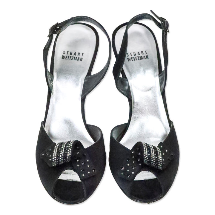 Stuart Weitzman Black Satin Curlique Rhinestone Slingback Pump