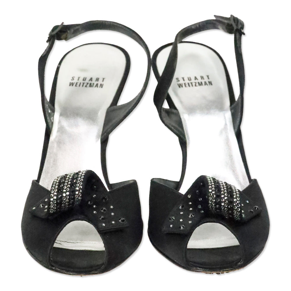 Stuart Weitzman Black Satin Curlique Rhinestone Slingback Pump