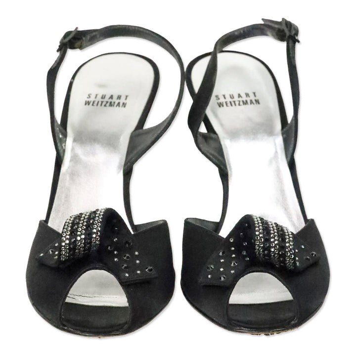 Stuart Weitzman Black Satin Curlique Rhinestone Slingback Pump