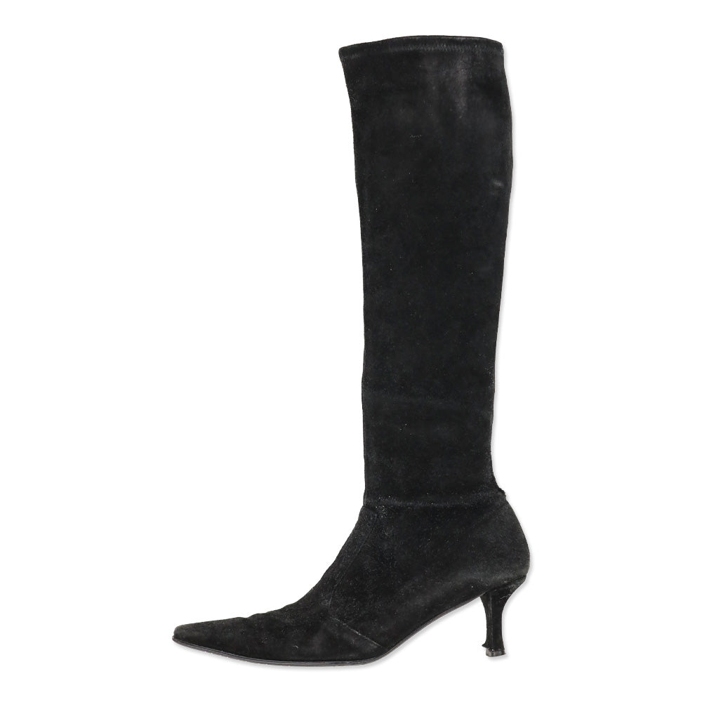 Stuart Weitzman Black Suede Knee High Kitten Booties