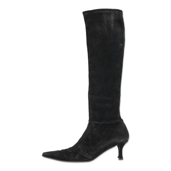 Stuart Weitzman Black Suede Knee High Kitten Booties