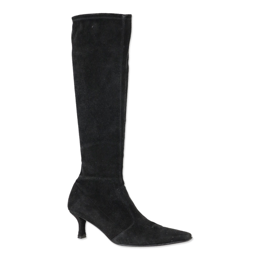 Stuart Weitzman Black Suede Knee High Kitten Booties