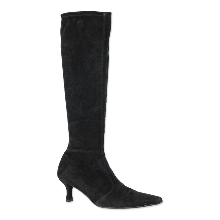 Stuart Weitzman Black Suede Knee High Kitten Booties