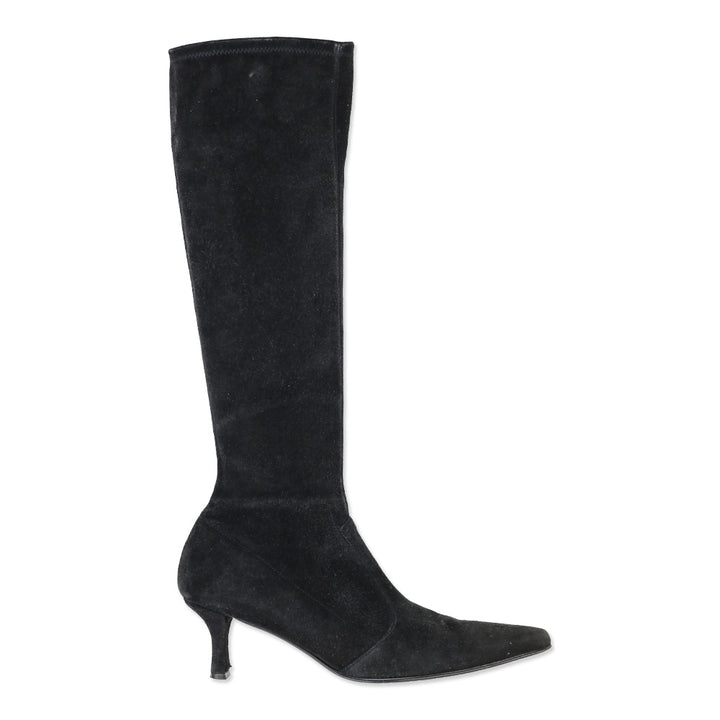Stuart Weitzman Black Suede Knee High Kitten Booties