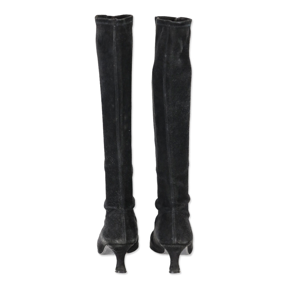 Stuart Weitzman Black Suede Knee High Kitten Booties