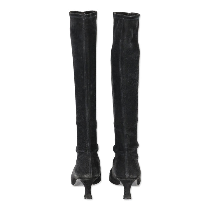 Stuart Weitzman Black Suede Knee High Kitten Booties