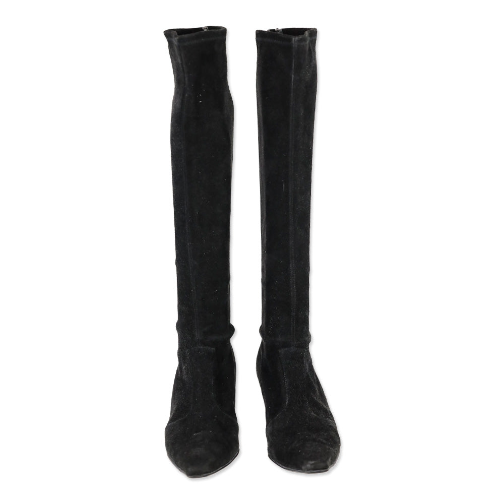 Stuart Weitzman Black Suede Knee High Kitten Booties