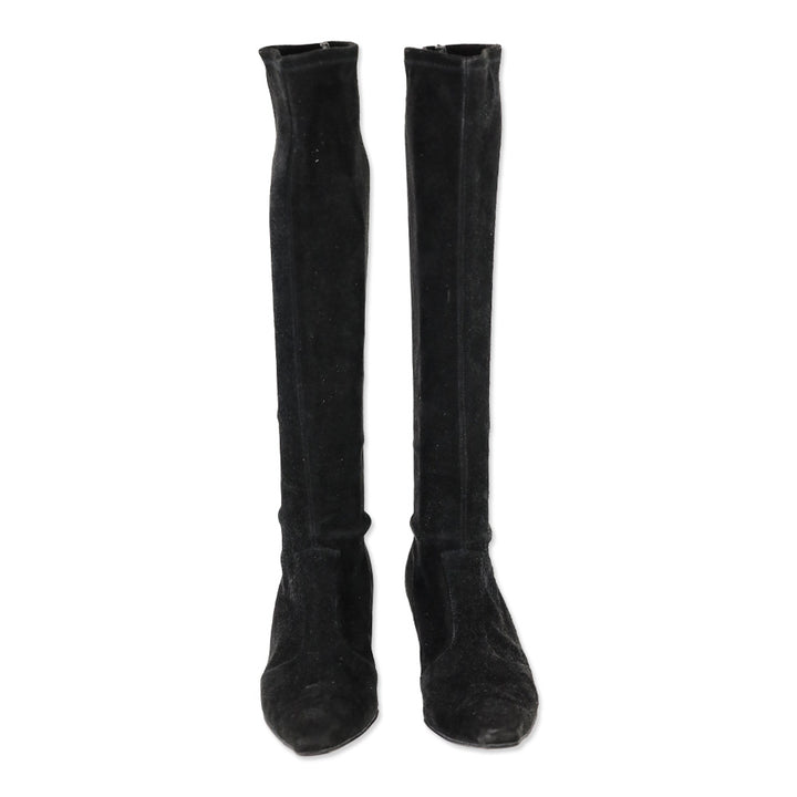 Stuart Weitzman Black Suede Knee High Kitten Booties