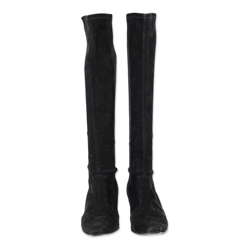 Stuart Weitzman Black Suede Knee High Kitten Booties