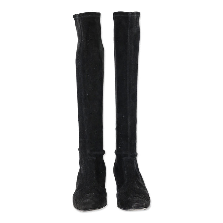 Stuart Weitzman Black Suede Knee High Kitten Booties