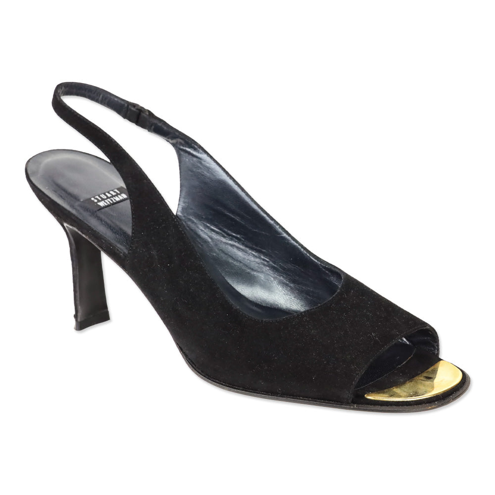 Stuart Weitzman Black Suede Peep Toe Slingback Pump