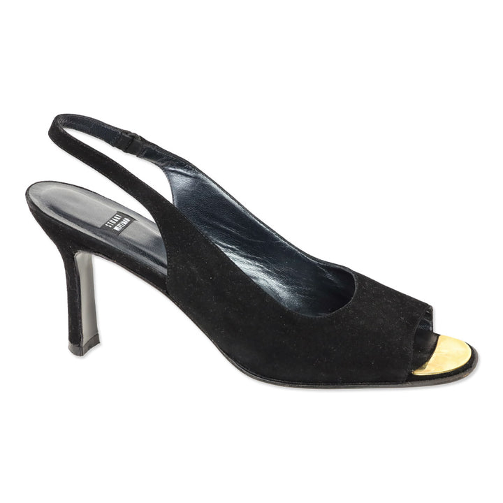 Stuart Weitzman Black Suede Peep Toe Slingback Pump