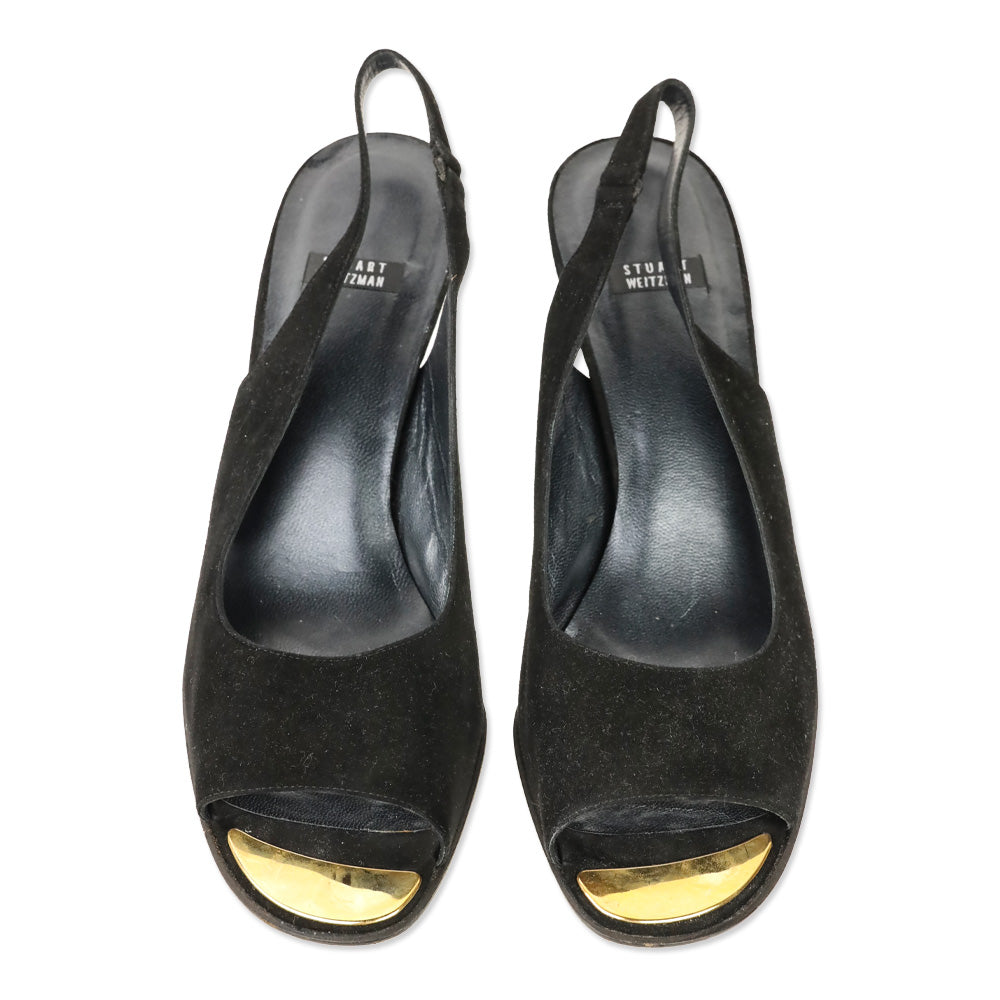 Stuart Weitzman Black Suede Peep Toe Slingback Pump