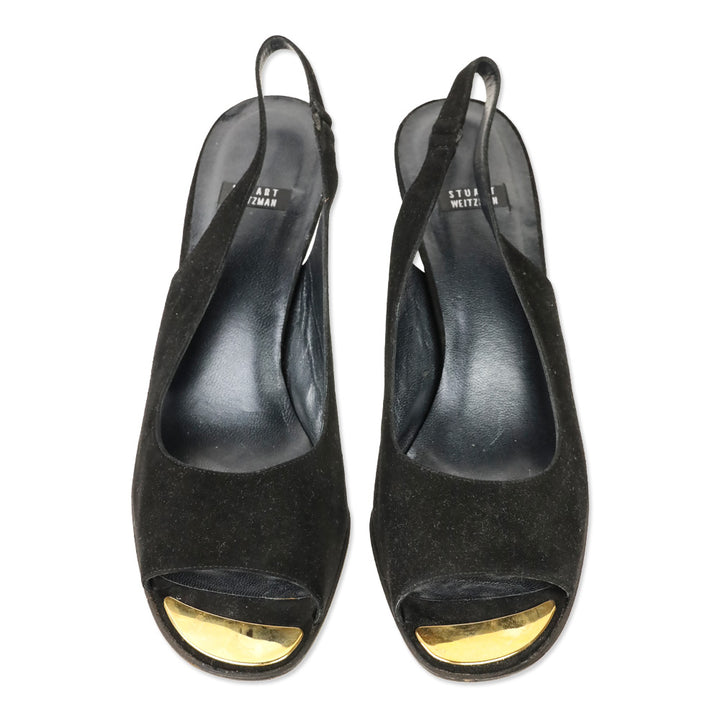 Stuart Weitzman Black Suede Peep Toe Slingback Pump