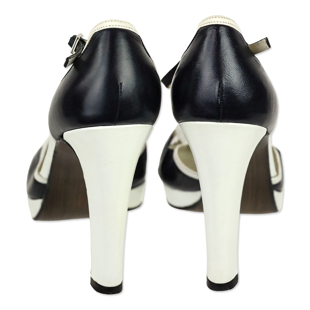 Stuart Weitzman Black/White Leather Ankle-Strap D'Orsay Platform Pumps
