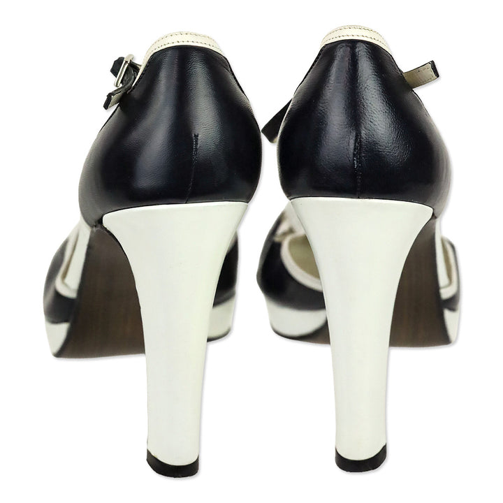 Stuart Weitzman Black/White Leather Ankle-Strap D'Orsay Platform Pumps