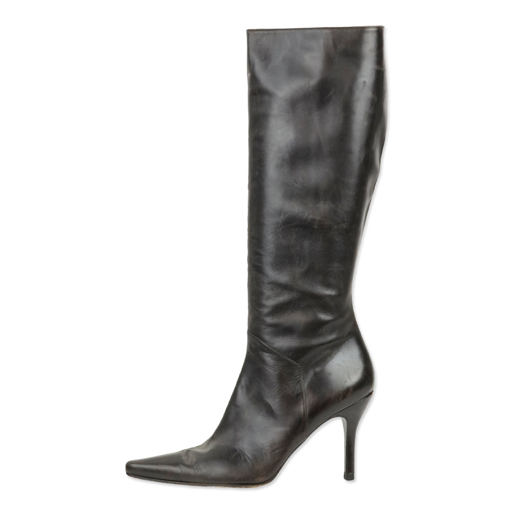 Stuart Weitzman Brown Leather Zip Knee-High Booties