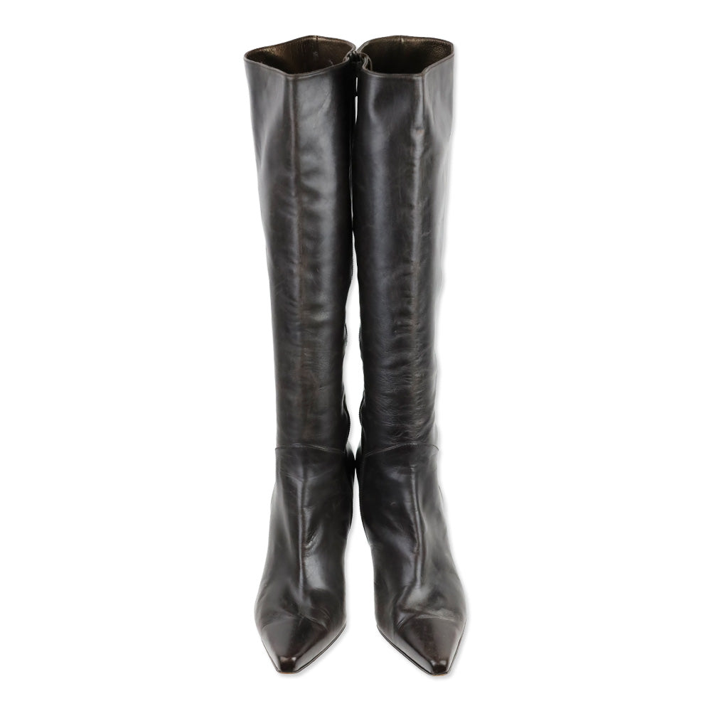 Stuart Weitzman Brown Leather Zip Knee-High Booties