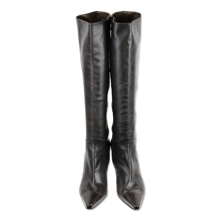 Stuart Weitzman Brown Leather Zip Knee-High Booties