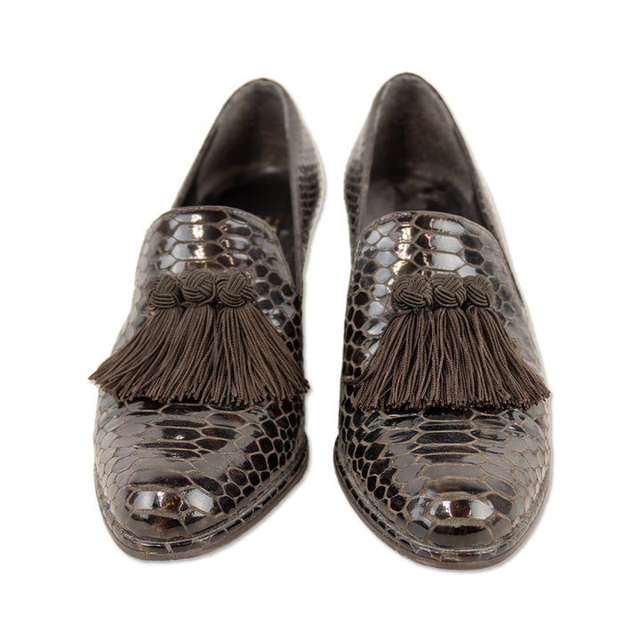 Stuart Weitzman Brown Razmataz Embossed Snakeskin Heeled Tassel Loafer