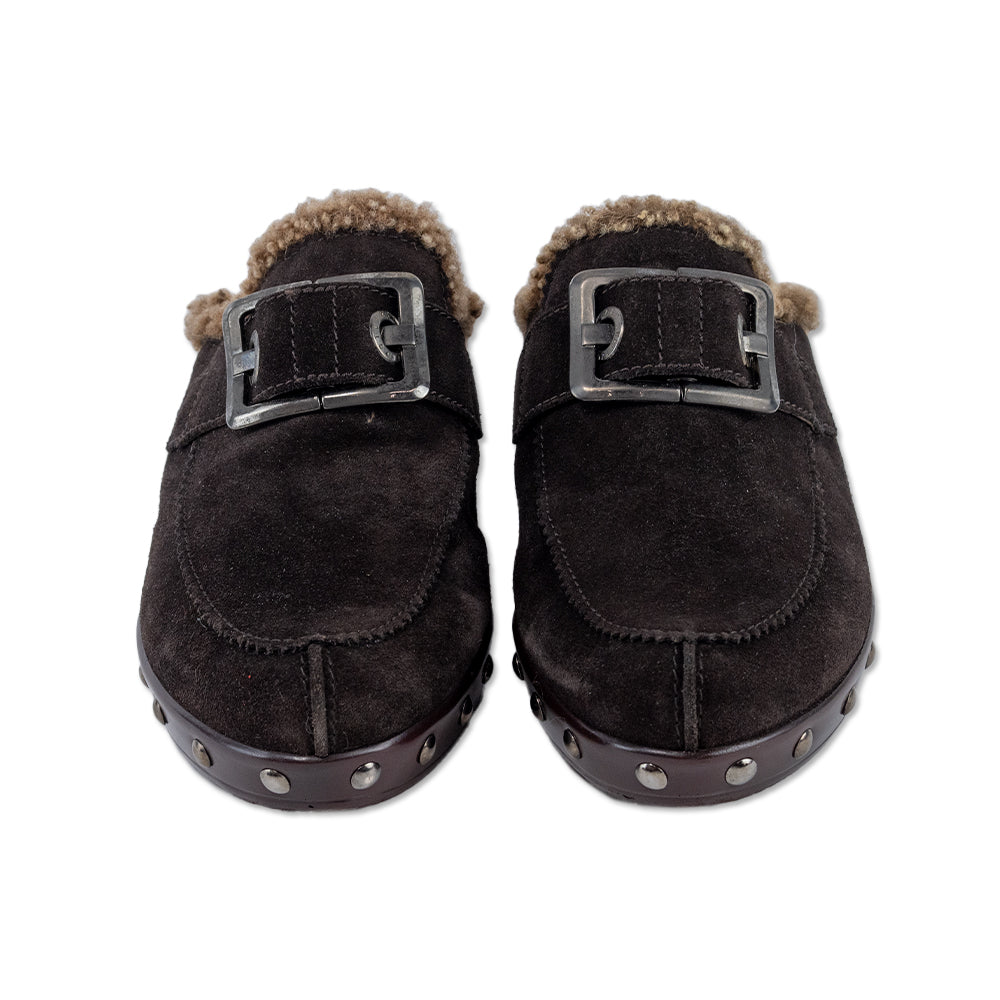 Stuart Weitzman Brown Suede Fur-Lined Wedge Clogs