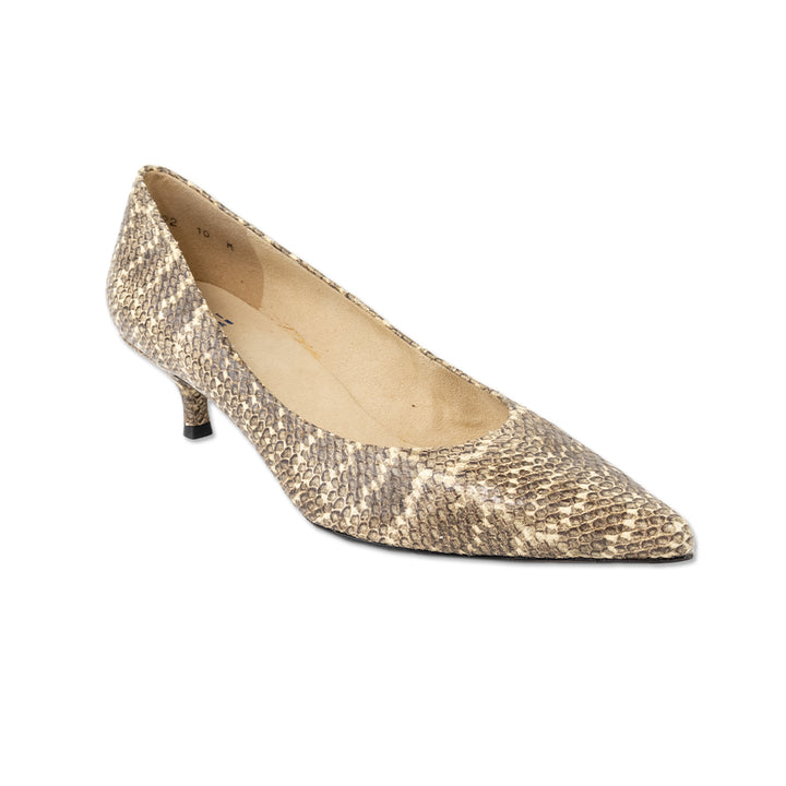 Stuart Weitzman Brown and Tan Snakeskin Pointed Toe Heels