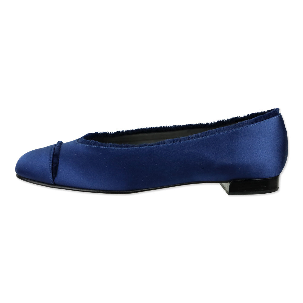 Stuart Weitzman Captain Blue Satin Fur Trim Ballet Flats