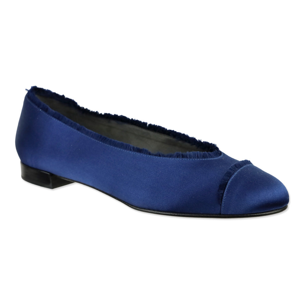 Stuart Weitzman Captain Blue Satin Fur Trim Ballet Flats