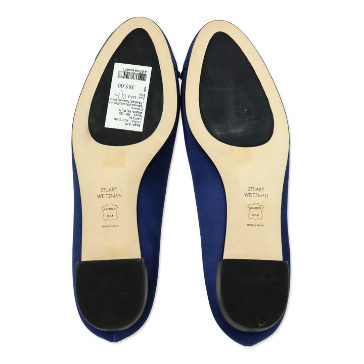 Stuart Weitzman Captain Blue Satin Fur Trim Ballet Flats