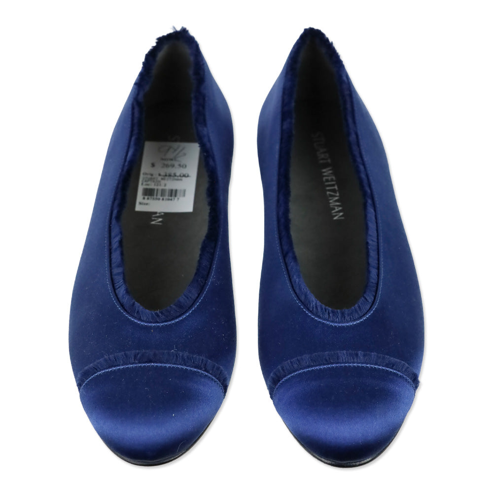 Stuart Weitzman Captain Blue Satin Fur Trim Ballet Flats