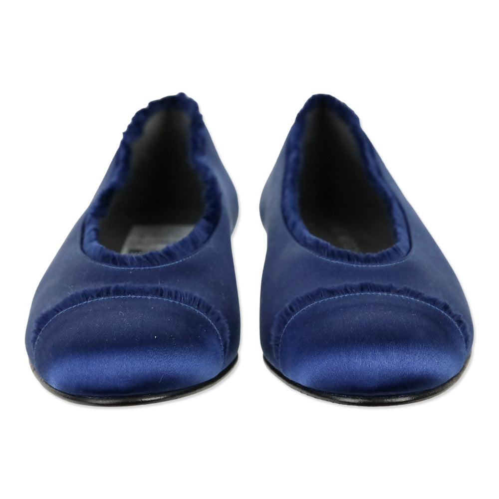 Stuart Weitzman Captain Blue Satin Fur Trim Ballet Flats