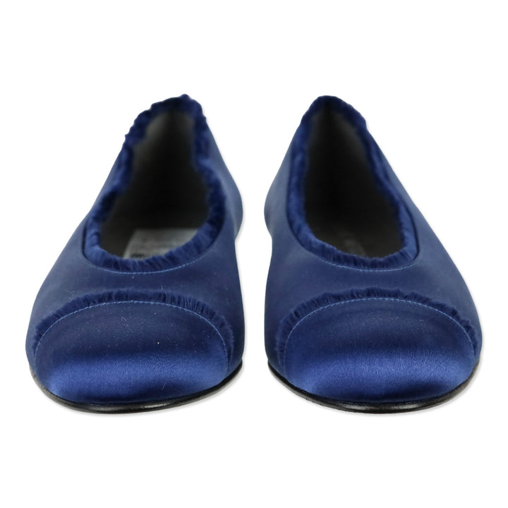 Stuart Weitzman Captain Blue Satin Fur Trim Ballet Flats