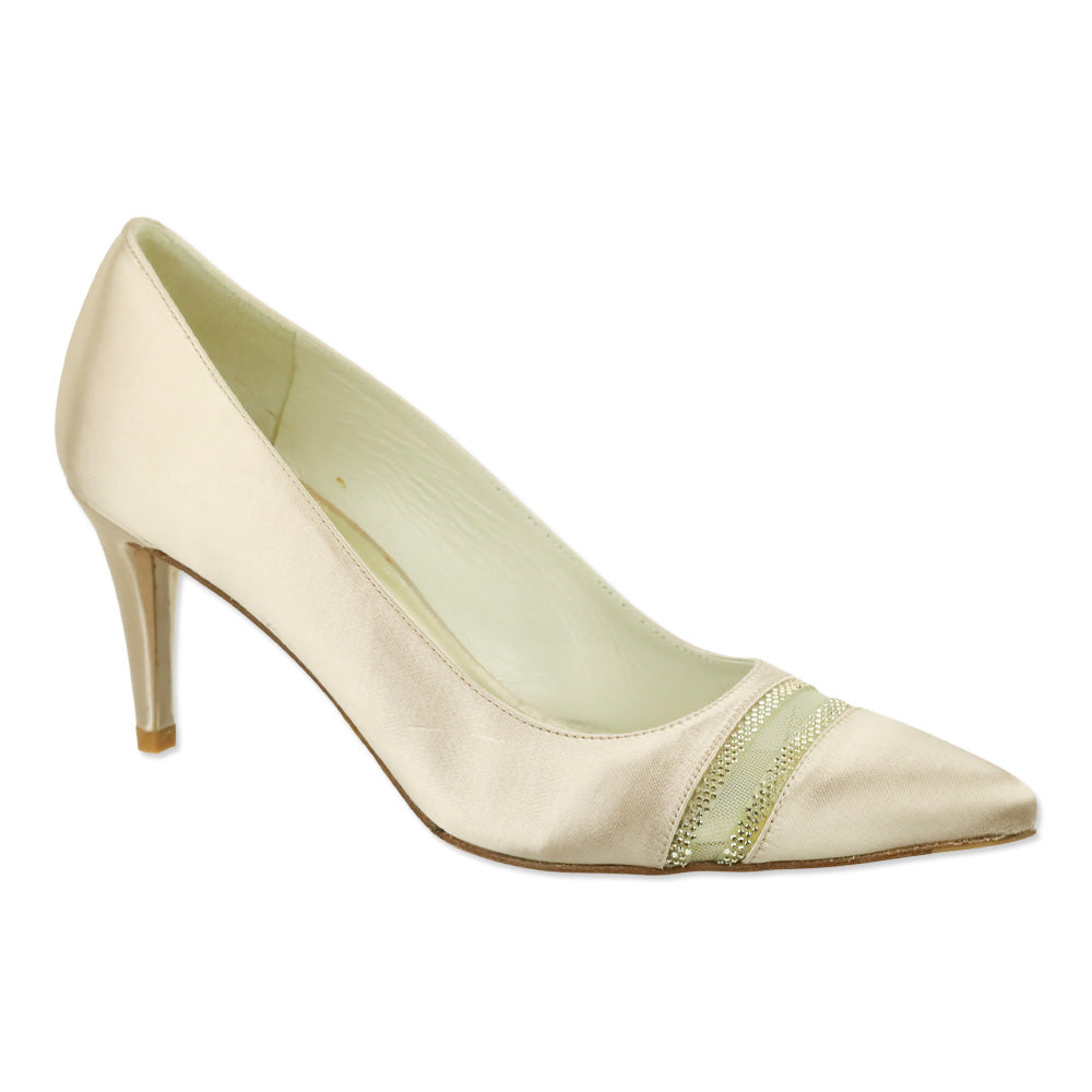 Stuart Weitzman Champagne Satin Crystal Mesh Stripe Pump