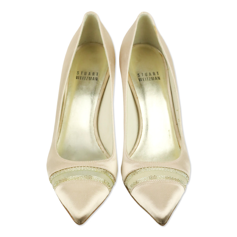 Stuart Weitzman Champagne Satin Crystal Mesh Stripe Pump