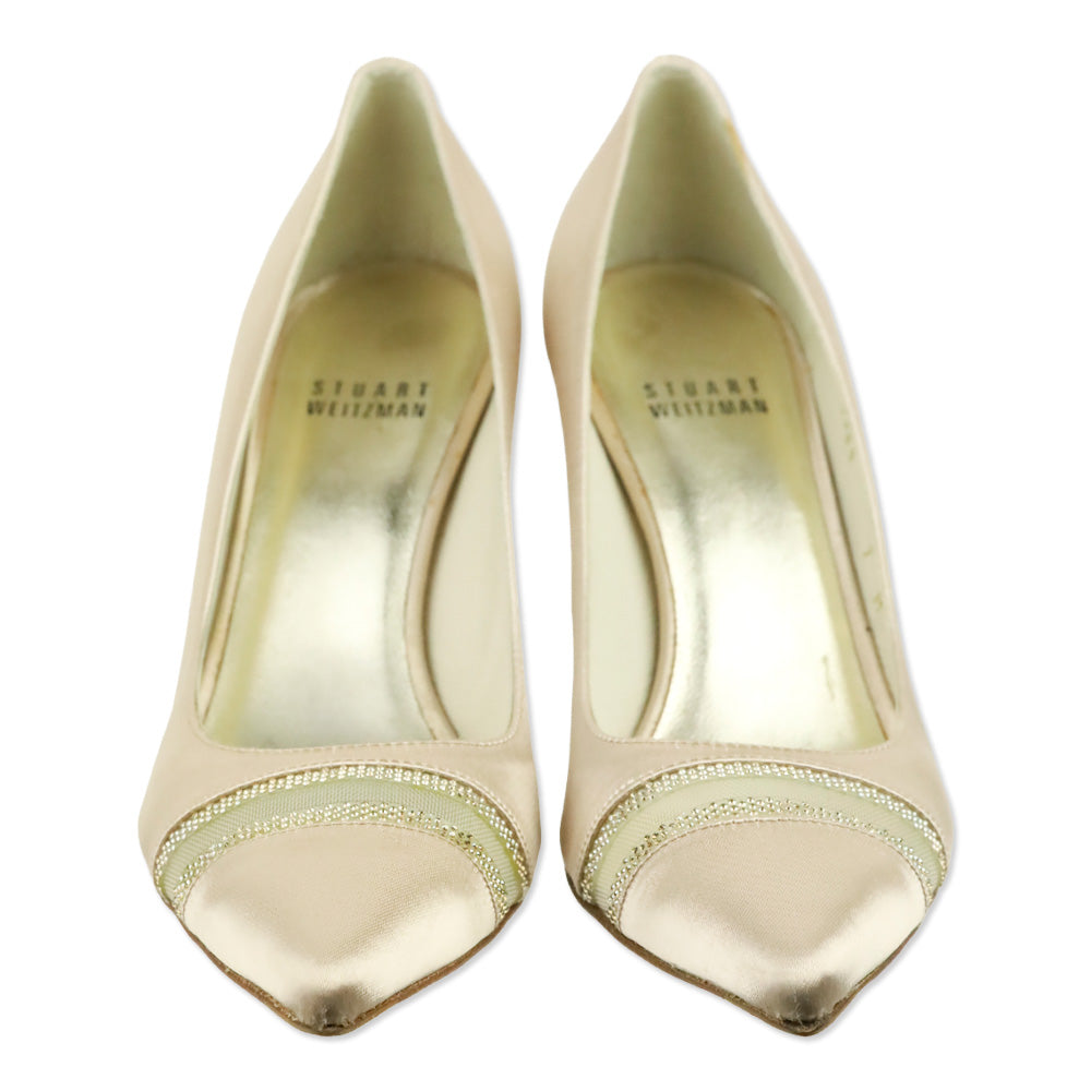 Stuart Weitzman Champagne Satin Crystal Mesh Stripe Pump