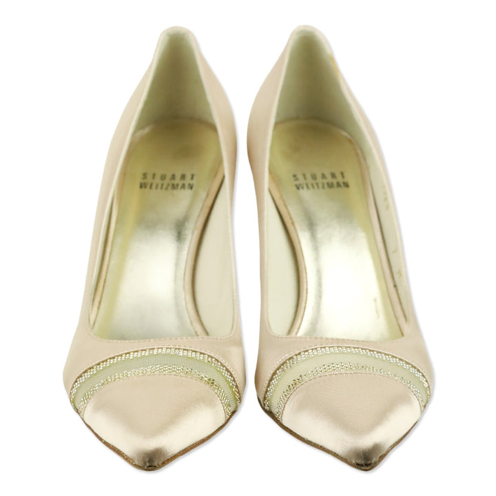 Stuart Weitzman Champagne Satin Crystal Mesh Stripe Pump