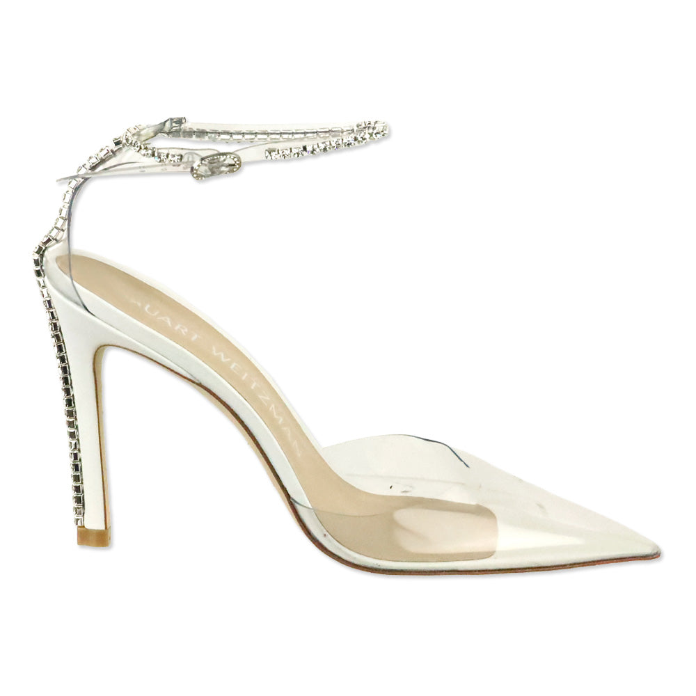 Stuart Weitzman Clear PVC/White Calf Stuart Glam 100 Strap Pumps