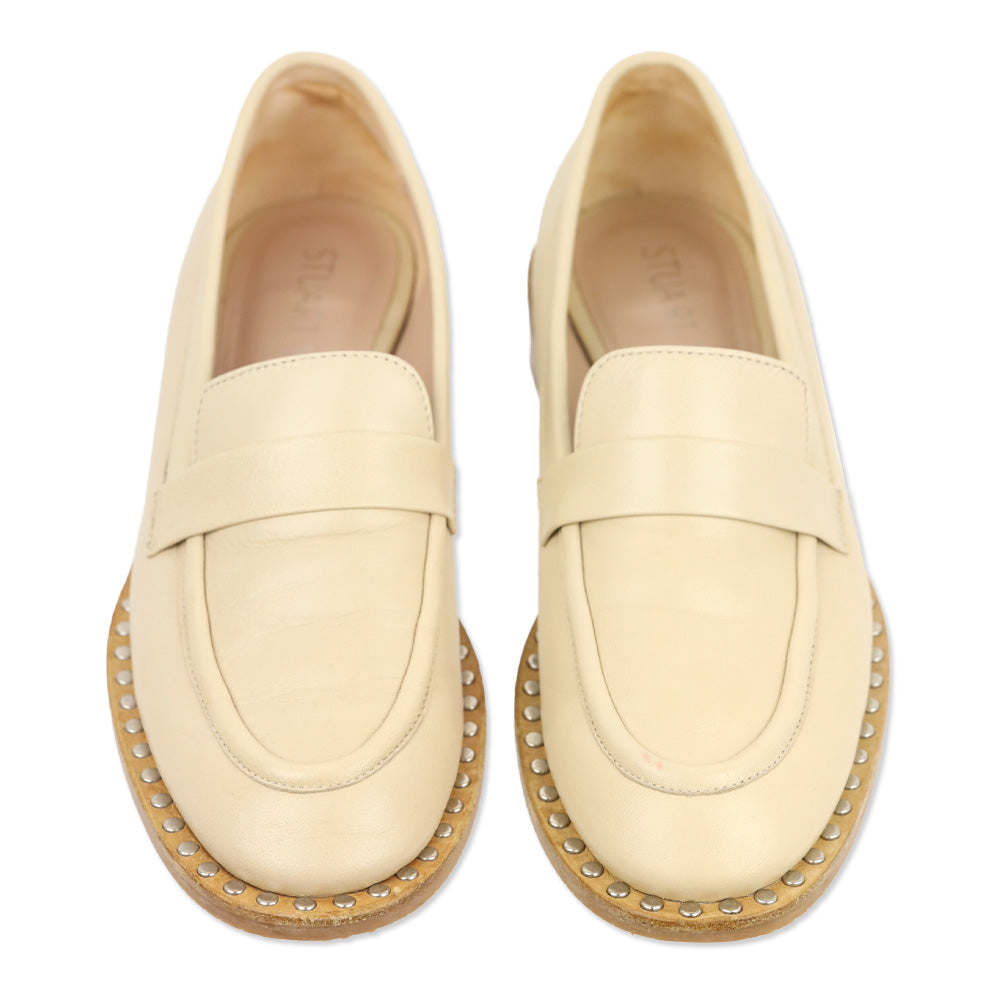 Stuart Weitzman Cream Leather Palmer Studded Loafer