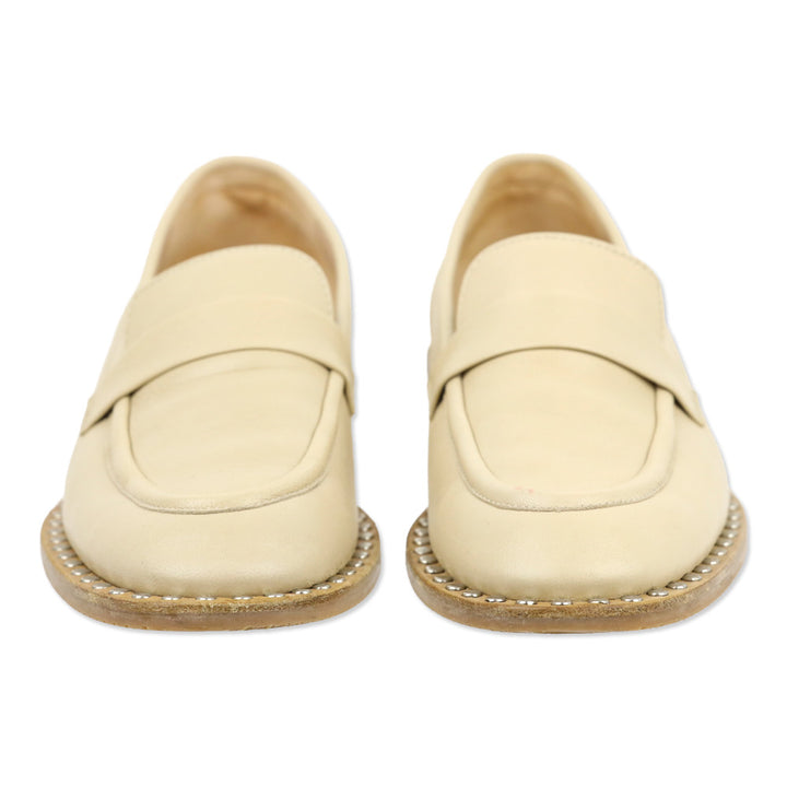 Stuart Weitzman Cream Leather Palmer Studded Loafer