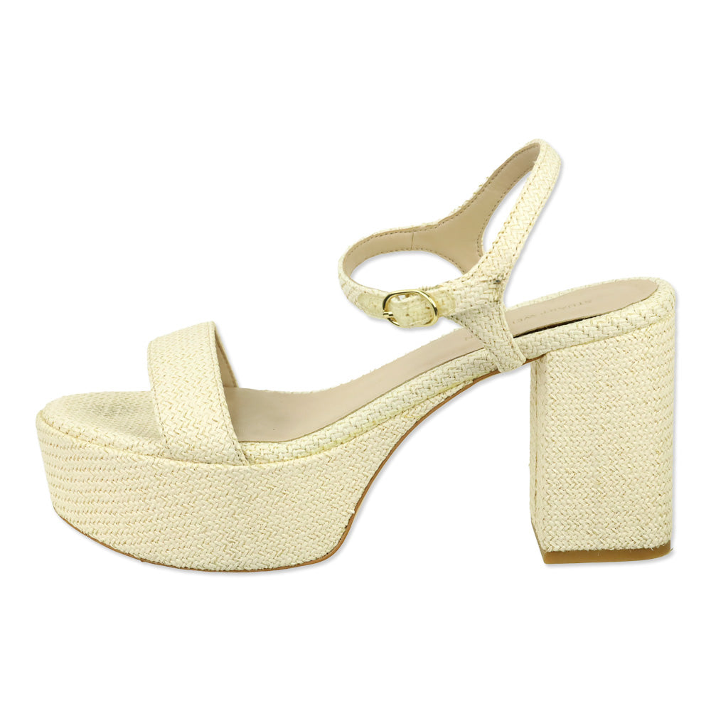 Stuart Weitzman Cream Woven Raffia Dancer Ankle-Strap Platform Sandal